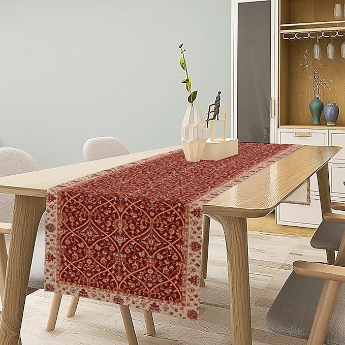 Boho Floral Vintage Table Runner, Red Retro Flower Rustic Country Farmhouse Abstract Pattern for Home Kitchen Table Decor Dining Coffee Room Party Decor 13x36in