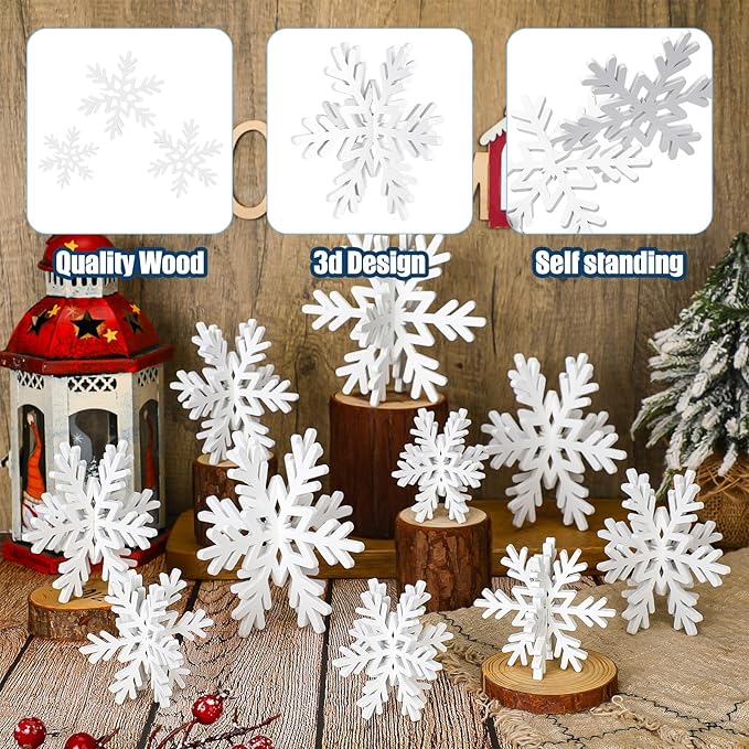 Qunclay 20 Pcs Wooden Snowflake Decorations 3D Snowflake Tabletop Decor Christmas Signs and Centerpiece for Winter Wonderland Decorations Xmas Tiered Tray Decor(White)