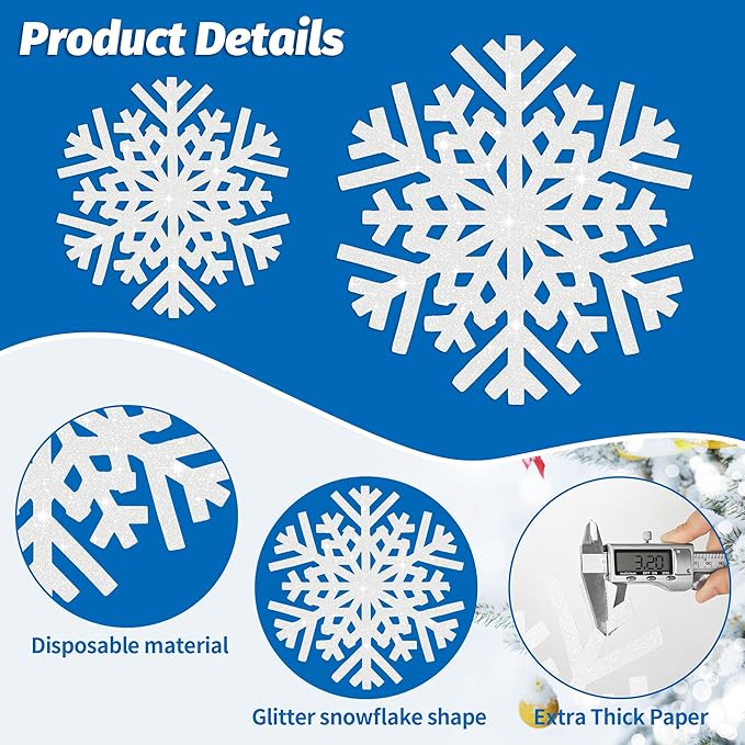 30Pcs Snowflake Paper Placemats Christmas Sliver Glitter Disposable Place Mats Winter Round Sparkle Decorative Table Chargers Xmas Snowflake Decoration for Holiday Festival Dining Tableware