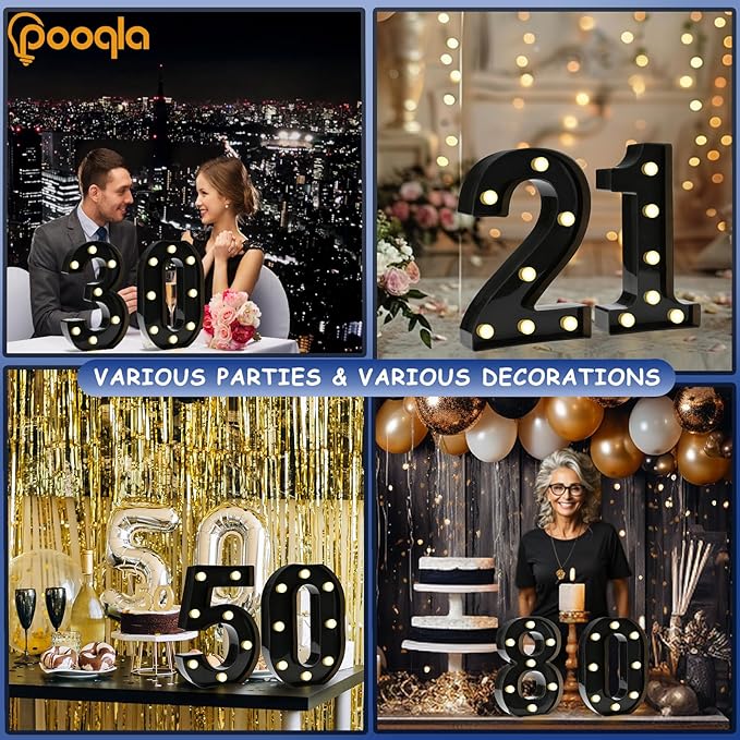 Pooqla Decorative Led Light Up Number Letters, Black Plastic Marquee Number Lights Sign for 6th 16th 60th Birthday Party Wedding Decor Battery Operated Black Decoration 6