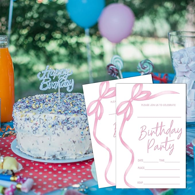 SIXEIGHT Pink Bow Birthday Invitations, Pink Ribbon Bow Birthday Party Invitations, 20 Party Invitations with Envelopes for Girls Boys, Birthday Party Favor & Decoration (4"x6")-A04