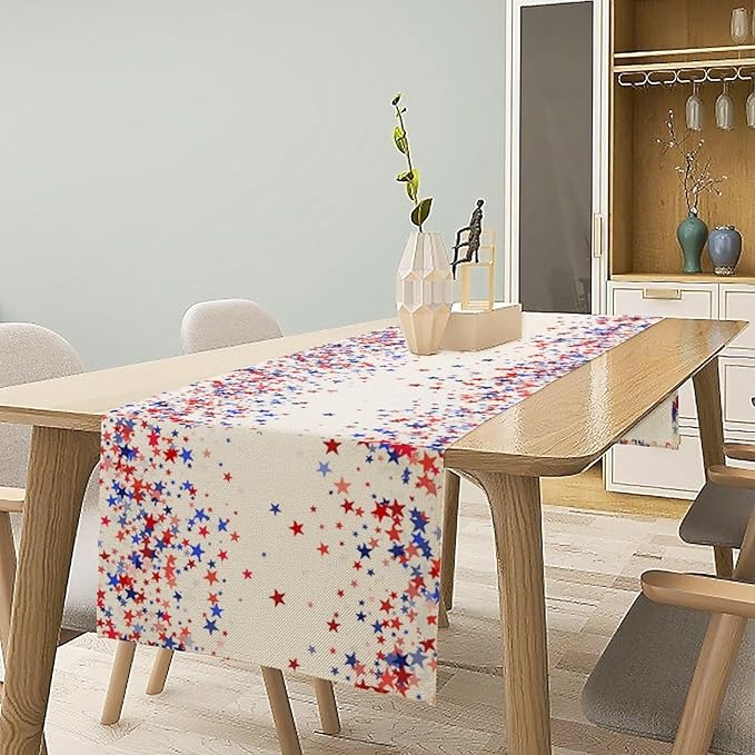 Independence Day Table Runner, 4th of July Red Blue Stars American President Day Holiday Confetti Print Table Cover for Kitchen Dining Table Indoor Outdoor Party, 13x108inch