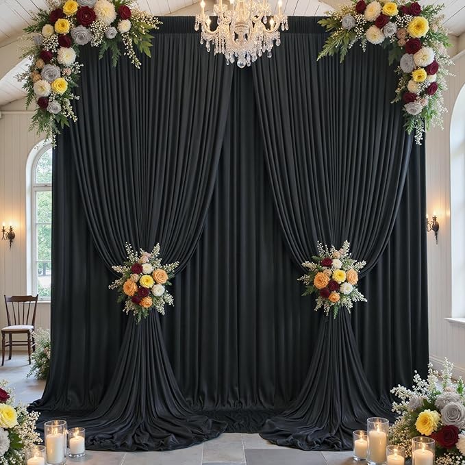 50x12ft Wrinkle Free Black Backdrop Curtain for Wedding Parties,10 Panels 5×12 ft Long Soft Silky Polyester Fabric Backdrop Drapes Black Photo Back Drop Curtains for Party Photography Background Cloth