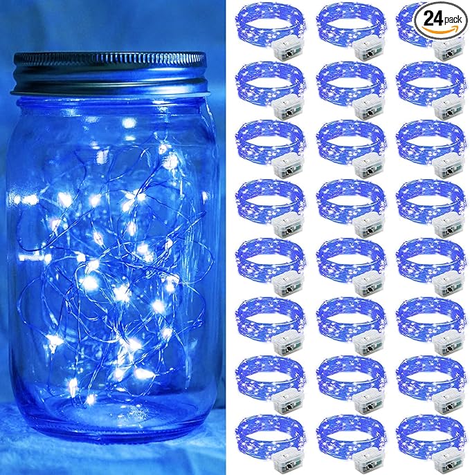 24 Pack Blue Fairy Lights 7Ft 20 LED Twinkle String Lights 3 Modes Battery Operated Waterproof Firefly Starry for Mason Jar Party Wedding Christmas Valentines Day Table Centerpieces