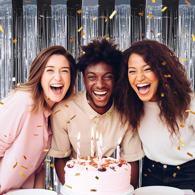 3 Pack Foil Fringe Backdrop - Black&Silver Shiny Tinsel Curtains for Party Decoration/Photo Booth Props - 3.3x8.2 FT Metallic Foil Backdrop for Birthday, Wedding, Graduation, Christmas.