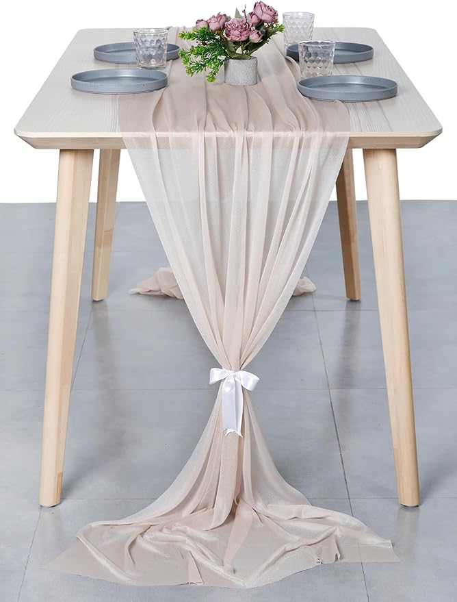 MDS 25 Pack 10ft Chiffon Table Runner 29 x 120 Inches Sheer Wedding Runner Romantic Rustic Table Runner for Wedding Decorations, Birthday Parties, Bridal Shower Party Arch Decor - Nude