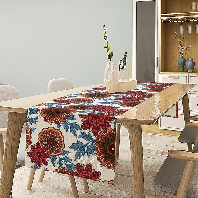 Mandala Flower Table Runner, Vintage Oriental Exotic Native Red Floral Blue Branch Leaves Botanical Print Table Runner for Farmhouse Kitchen Dining Table Decor, 13x120inch