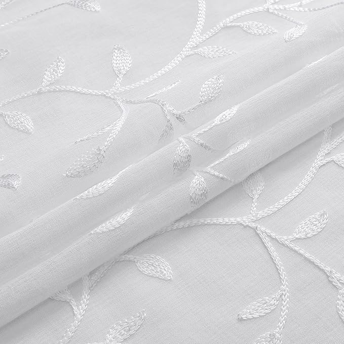 VISIONTEX White Sheer Voile Curtains, Decorative Leaves Embroidery Faux Linen Rod Pocket Window Drapes for Home Kitchen, Living Room and Bedroom 54 x 95 Inch, Set of 2 Curtain Panels