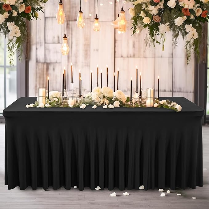 Wish Care 6 Pack Black Spandex Table Cloths for Rectangle Tables 6ft - One-Piece Wrinkle Free Fitted Table Cover 6 Foot Table Stretch Tablecloths for Party, Banquet, Wedding and Events