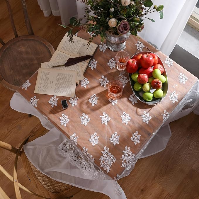 patdrea Designer White Lace Elegant Tablecloth for Rectangle Tables,Vintage Tulle French Romantic Knitted Embroidered Overlay Tablecloths Decor for Kitchen Wedding Banquet,59"*75"