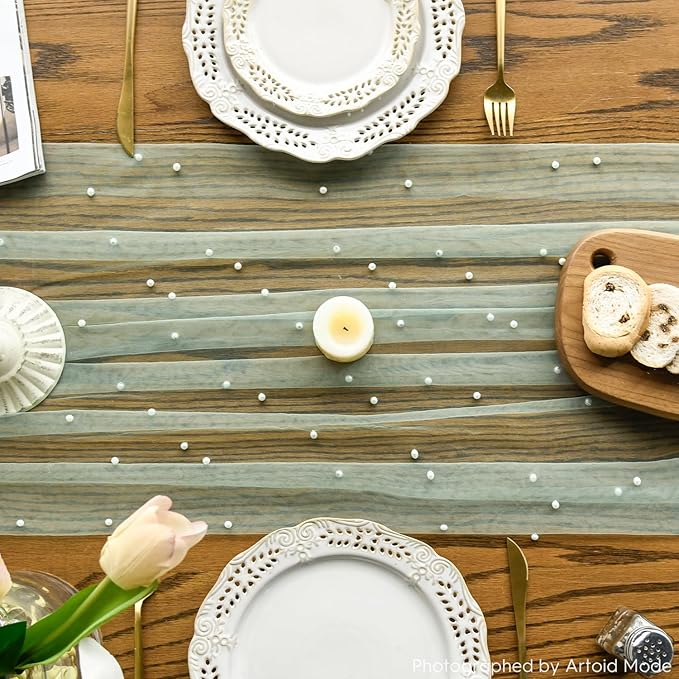 Artoid Mode Pearl Green Gauze Table Runner 120 Inch 10FT, Seasonal Sheer Dining Holiday Wedding Birthday Baby Shower Table Decor for Home Party