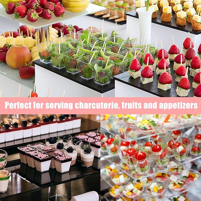 Kosotody 150 Pcs 5 OZ Dessert Cups with Spoons Cocktail Picks, Square Appetizer Cups Clear Mini Mini Party Serving Cups for Party Appetizers Pudding Yogurt Ice Cream Fruit