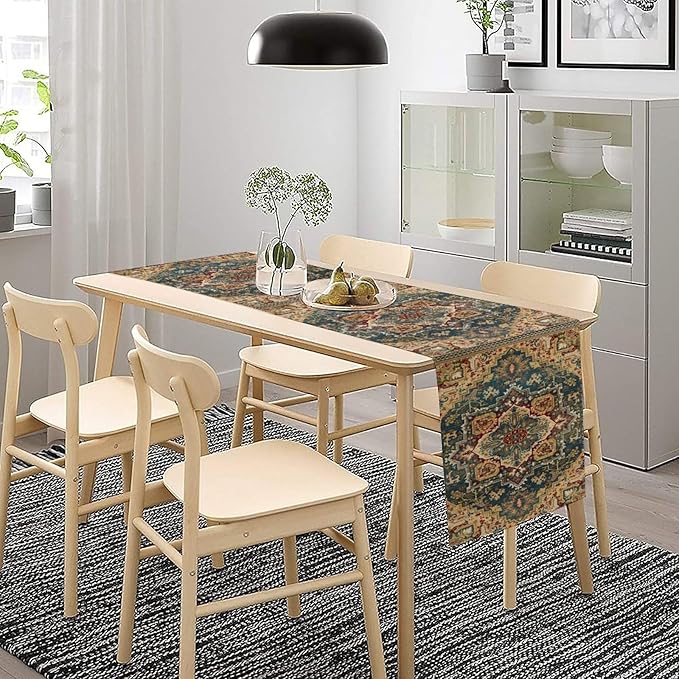 Boho Bohemia Style Table Runner, Country Rustic Farmhouse Vintahe Colorful Geometry Print Table Runner for Home Kitchen Dinner Party Holiday Decor, 13x60inch