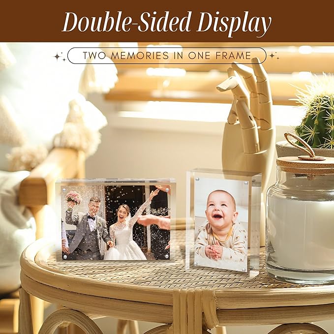 CATIFLIN 5x7 Magnetic Acrylic Frames 2 Pack, Double Sided Clear Frameless Picture Frame Blocks, 20mm Thick Photo Frames Free Standing Display for Family Photos, Certificates, Office, Artwork