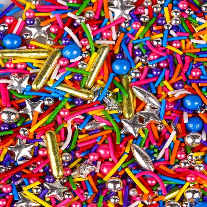 Rainbow Sprinkles for Cake Decorating - Metallic Gold Sprinkles Silver Star, Colorful Jimmies, Sugar Pearl, Cupcakes Topper, Ice Cream, Cookie Decorations for Christmas Birthday Party