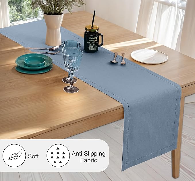 Ruvanti Linen Table Runner 90 Inches, Classic Hemstitch, Washable, Reusable, Non-Slipping, Stain Resistant- Perfect for Parties, Weddings, Dinners, Thanksgiving, Christmas, Indoor use – Grey