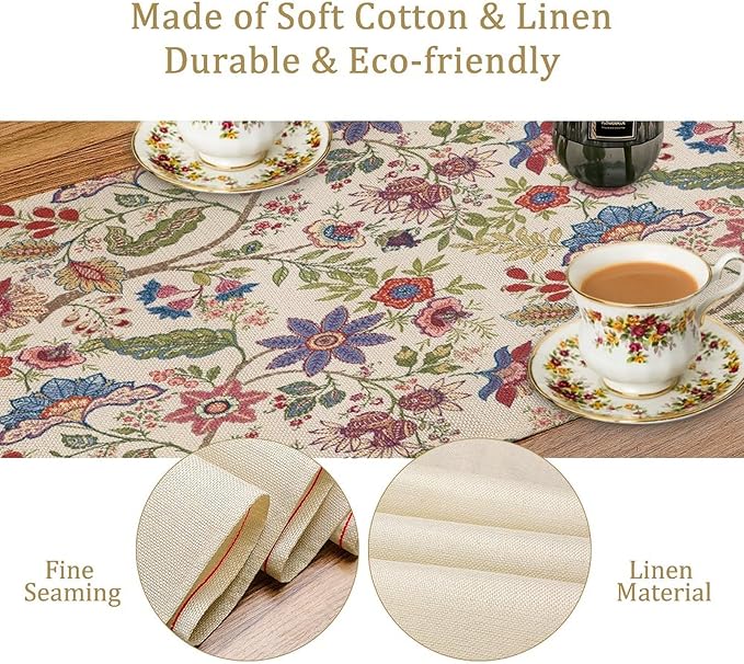 Spring Floral Table Runner, Boho Floral Pattern Natural Plant Table Decoration for Home Kitchen Restaurant Holiday Party,13in（33cm） W * 90in（229cm） L