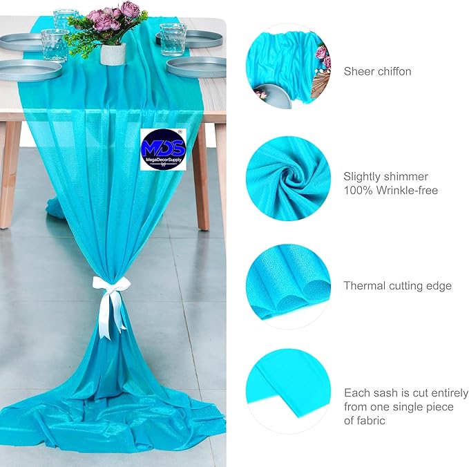 MDS 2 Pack 14ft Chiffon Table Runner 29 x 170 Inches Sheer Wedding Runner Romantic Rustic Table Runner for Wedding Decorations, Birthday Parties, Bridal Shower Party Arch Decor - Turquoise