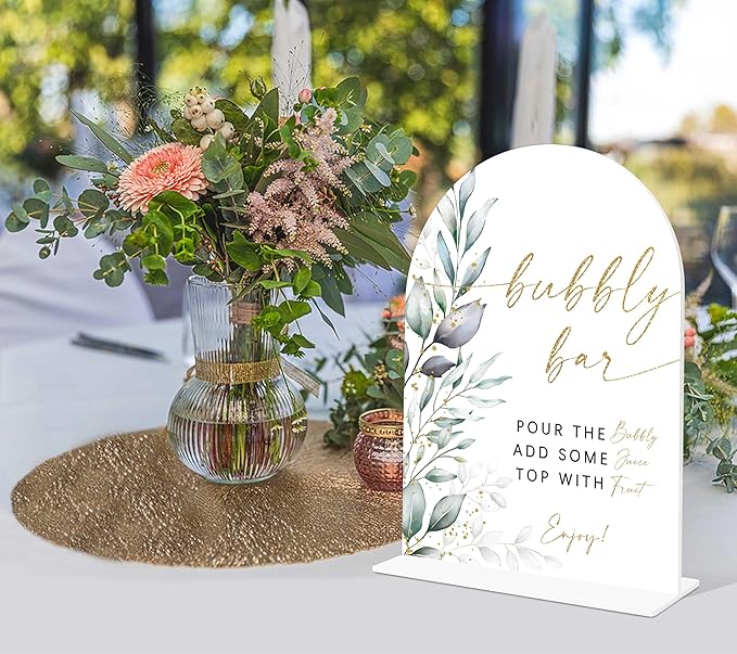 Acrylic Wedding Signs, Greenery Theme Bubbly Bar Sign, Wedding Reception Signage, Bridal Shower Table Decor with Stand, Engagement, Anniversary, Newlywed Events and Parties Supplies, 04
