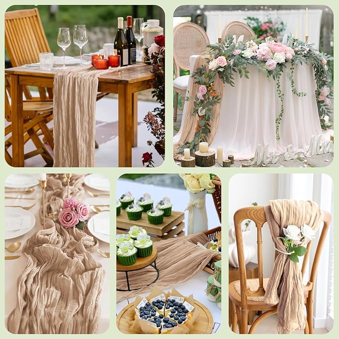 Asee'm 2pcs Cheesecloth Table Runner 120 Inches Long Nude Boho Gauze Cheese Cloth Runner 10FT Rustic Sheer Table Runners for Christmas Wedding Party Baby Shower Spring Easter Decoration