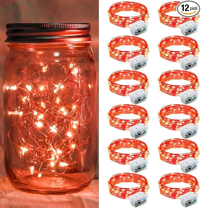 12 Pack Red Fairy Lights 7Ft 20 LED Twinkle String Lights 3 Modes Battery Operated Waterproof Firefly Starry for Mason Jar Party Wedding Christmas Valentines Day Table Centerpieces