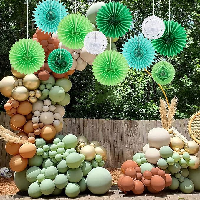 SUNBEAUTY Pack of 11 Green White Party Decoration Hanging Honeycomb Round Paper Fans Kit for Dinosaur Theme Birthday Baby Shower Summer Forest Carnival St.Patrick's Irish Backdrop Party Supplies