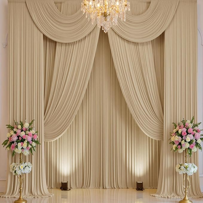 20×14 ft Wrinkle Free Beige Backdrop Curtain for Weddings Parties, 4 Panels 14ft Silky Polyester Wedding Drapes Backdrop Photo Back Drop Cloth for Birthday Baby Shower Photography Backgrounds