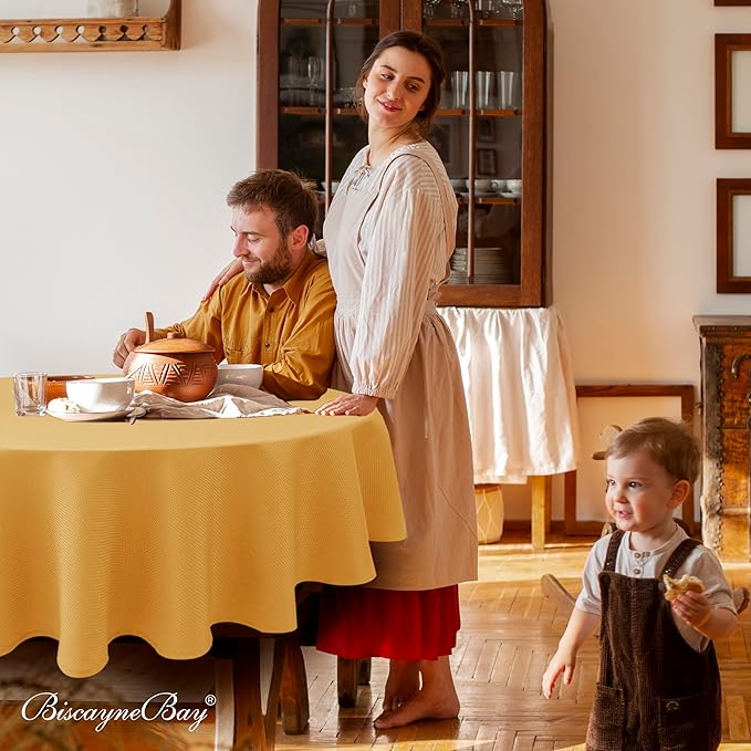 Biscaynebay Fall Tablecloth Textured Fabric Round Tablecloths 70", Fall Gold Thanksgiving Autumn Harvest Water Resistant Fabric Tablecloths for Kitchen, Dining, Wedding, Parties Machine Washable