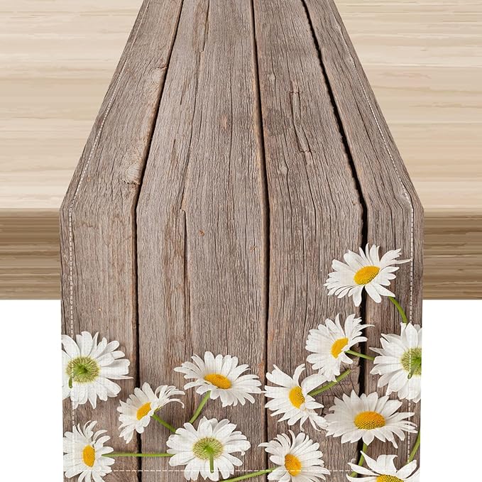 Daisy Floral Table Runner, Farmhouse Spring Seasonal Summer Teal Green White Flower Rustic Abstract Table Center Decor for Home Kitchen Dining Holiday Party Indoor Table Decorations, 13"x90" Inch