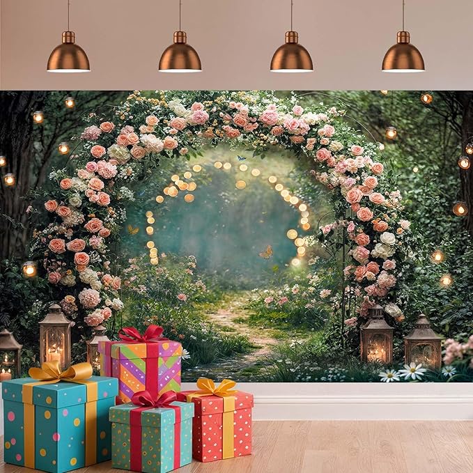 6x6ft Enchanted Forest Wedding Photography Backdrop Wonderland Roses Fairy Tale Backdrop Pink Flower Birthday Newborn Baby Shower Wedding Bridal Party Banner Photo Booth Props Anniversary Background