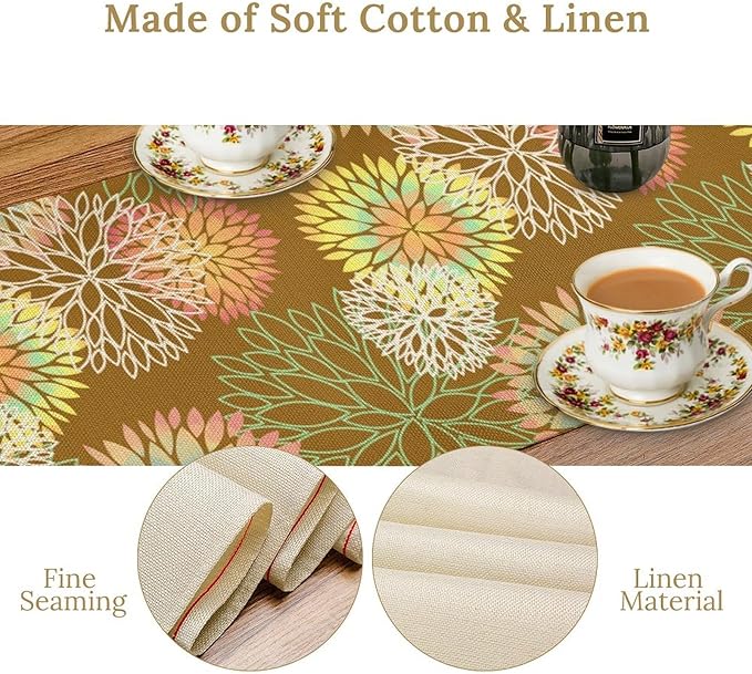 Brown Grey Dahlia Flower Table Runner, Linen Geometric Pattern Floral Table Decor Spring Farmhouse Decorations for Kitchen Dining Holiday Party Decor, 13x120 Inch