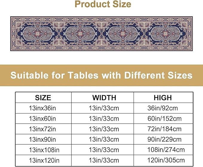 Boho Floral Vintage Table Runner, Blue Purple Retro Flower Rustic Country Farmhouse Pattern for Home Kitchen Table Decor Dining Coffee Room Party Decor 13x90in