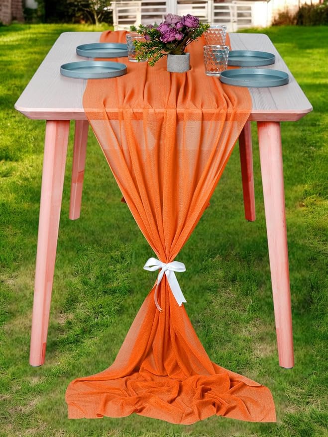 MDS 10 Pack 10ft Chiffon Table Runner 29 x 120 Inches Sheer Wedding Runner Romantic Rustic Table Runner for Wedding Decorations, Birthday Parties, Bridal Shower Party Arch Decor - Orange