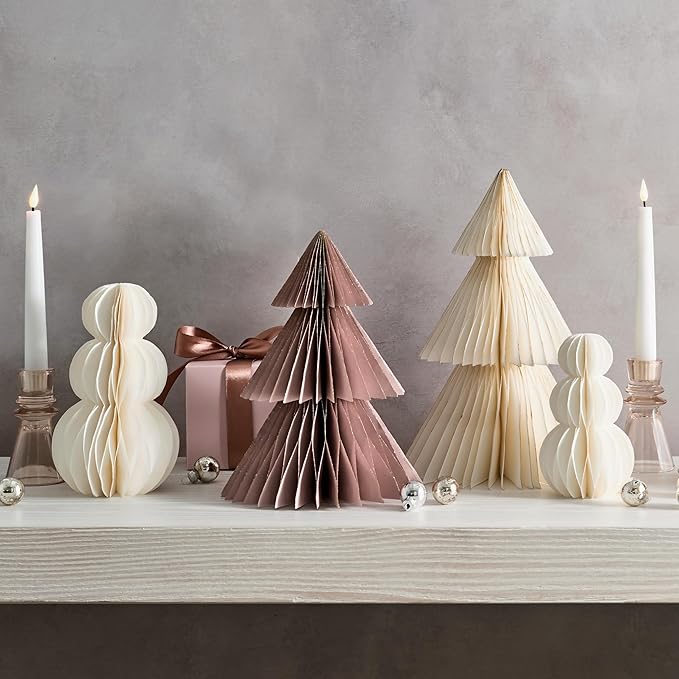 LampLust Snowman Decor, 2 Pack White Honeycomb Paper Snowmen, 6 & 8 Inch, Winter Wonderland & Enchanted Forest Decorations Indoor, Home Mantle Decor, Centerpiece Table Decorations