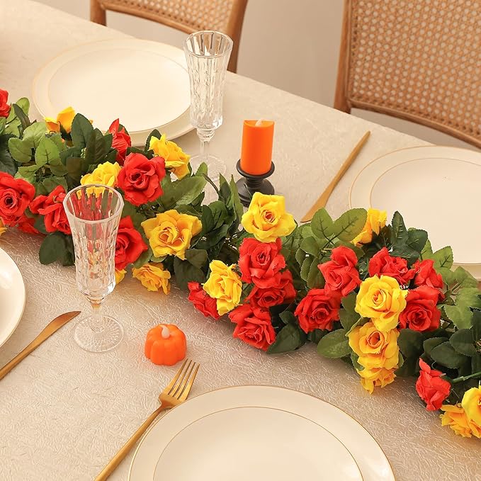 Floweroyal 2 Pack Artificial Flower Garlands 15.8FT Fake Rose Vines Silk Flowers Hanging Rose Ivy for Wedding Arch Party Home Garden Wall Decor (Orange Yellow)