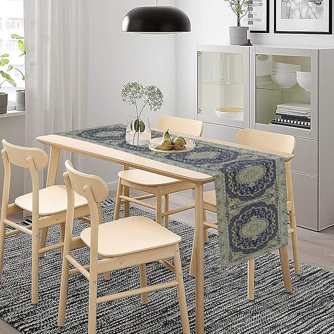 Boho Bohemia Style Blue Teal Table Runner, Country Rustic Farmhouse Magical Abstract Print Pattern for Home Kitchen Table Decor Dining Coffee Room Garden Party Decor 13x72in