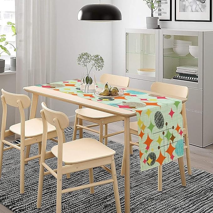Mid Century Table Runner,Abstract Retro Modern Geometric Colorful Stripe Pattern Print Tablecloth Burlap for Hotel Indoors Outdoor Dining Room Kitchen Holiday Party, 13x90in