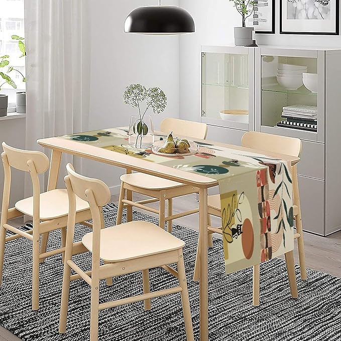 Mid Century Table Runner,Abstract Boho Plant Leaf Botanical Cat Modern Geometric Pattern Print Burlap for Hotel Indoors Outdoor Dining Room Kitchen Home Decor, 13x108in