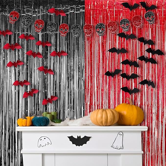 Foil Fringe Curtain Party Decorations - Black Red Metallic Tinsel Backdrop Party Steamers Curtains for Birthdays Halloweens Christmas Theme Prom Holidays Parties Decorations