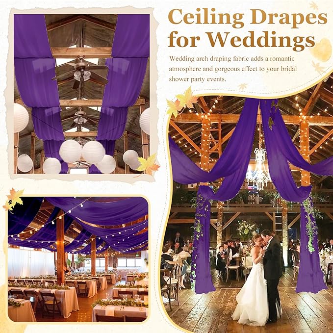 MODFUNS Purple Ceiling Drapes for Weddings Arch Drapery Fabric 6 Panels 5x30ft Chiffon Sheer Fabric Draping Tulle Wedding Curtain Drapes Ceiling Panels for Holiday Birthday Ceiling Supplies