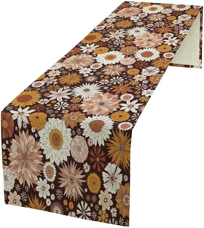 Boho Floral Table Runner, Vintage Country Farmhouse Daisy Flowers Modern Kitchen Dining Room Decoration for Indoor and Outdoor Wedding Party Banquet Table Runner 13x70 Inch