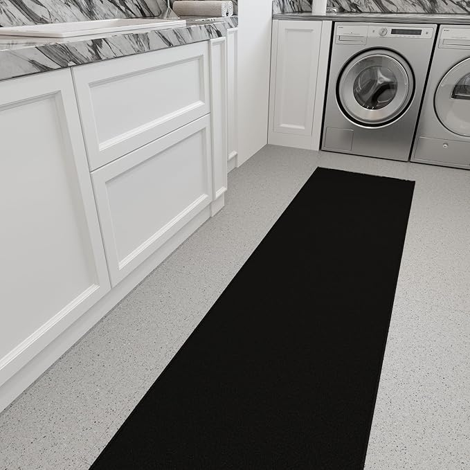 Ottomanson 2x20 Non Slip Extra Long Hallway Runner Rug with Rubber Backing - Solid Modern Kitchen Rug for Bedroom or Living Room, Black, 2' x 20'