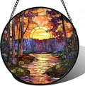 Stained Glass Window Hanging, Orange Landscape Green Purple Lake Forest Suncatcher for Doors Window Home Sun Catchers Decor Mother's Day Birthday Gifts for Women Men Mom 9.8 in