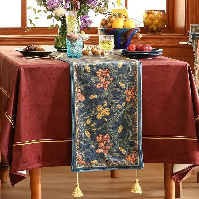 patdrea Designer Casual Wild Floral Velvet Table Runner 87 Inch Long, Dark Blue Occult Bouquets Pattern Table Mat, Decoration for Kitchen Dining Coffee Table Cabinet Banquet Thanksgiving,12"*87"