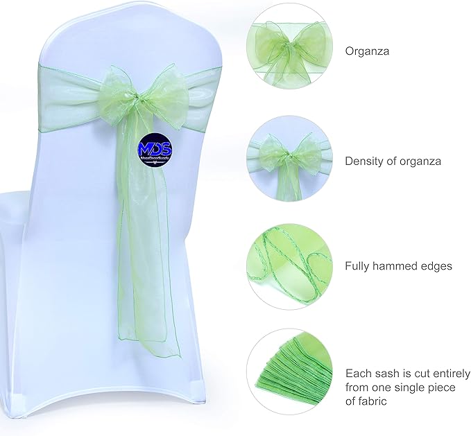 MDS Pack of 50 PCS Organza Chair Sashes Wider Dining Chair Bows Ribbon Tie Back for Wedding Party Birthday Bridal Shower Reception Event Banquet Home Chair Cover Decoration - Apple Green