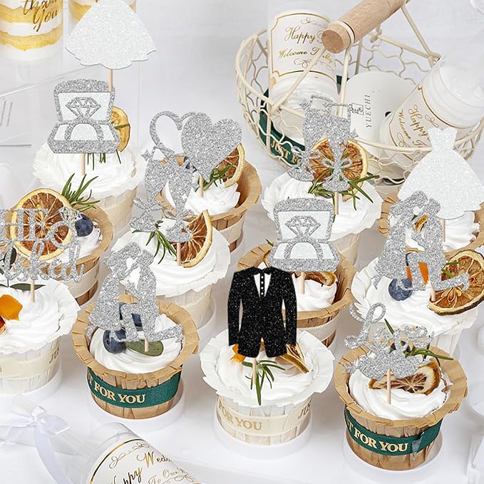 30 Pack Bride to be Cupcake Toppers Glitter Diamond Ring I Do Love Cupcake Picks Miss to Mrs He Asked She Said Yes Bridal Shower Wedding Engagement Bachelorette Cake Decorations Silver