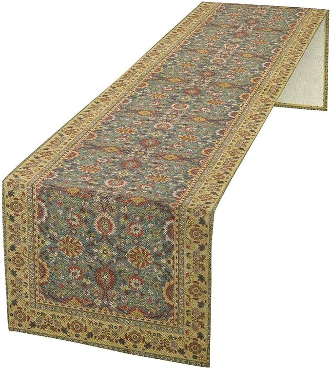 Boho Floral Vintage Beige Blue Table Runner, Retro Flower Rustic Country Farmhouse Abstract Pattern for Home Kitchen Table Decor Dining Coffee Room Party Decor 13x108in