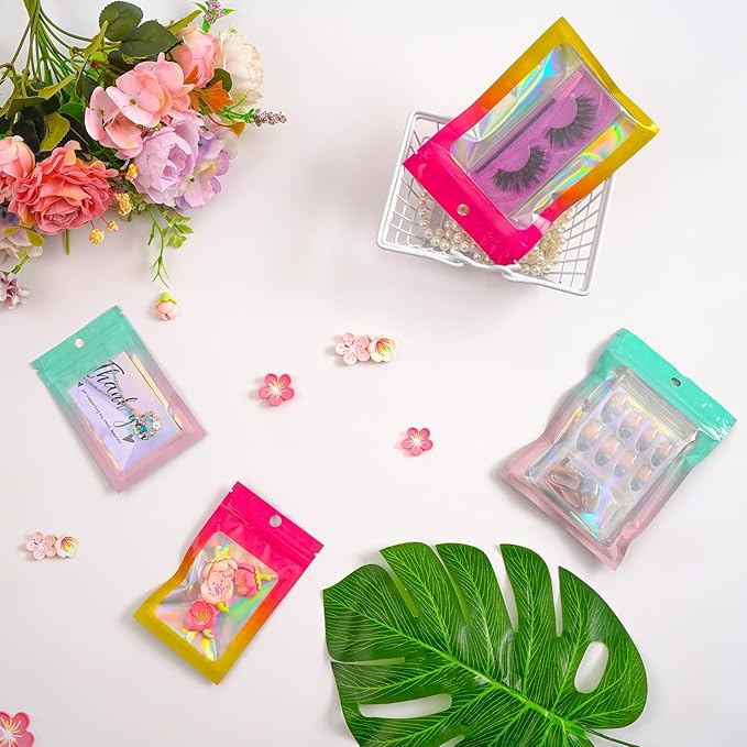 Funfery 100 Pack Gradient Holographic Bags,Mylar Resealable Bags with Zipper,Clear Window Packaging Pouchs,Smell Proof Bag for Food Storage,Sample Jewelry Bag(5.5x7.9In,Green Pink)
