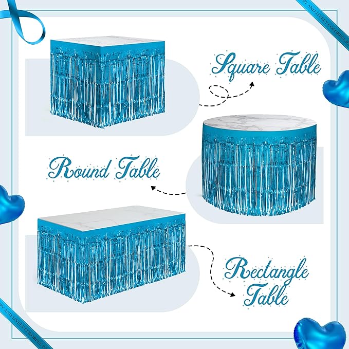 1 Pack Lake Blue Table Skirts, 29x108" Metallic Foil Tinsel Fringe Table Skirts for Rectangle Tables Streamer Curtains Backdrop, Party Decorations for Birthdays Weddings Holidays
