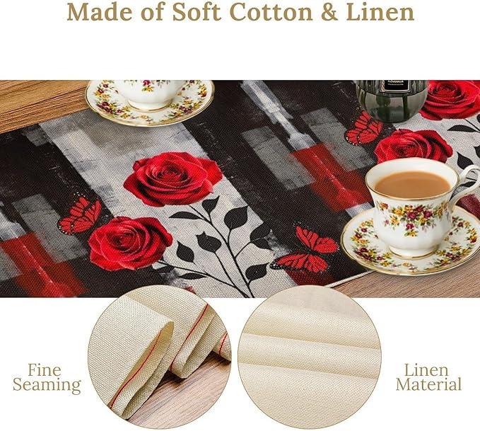 Abstract Art Rose Table Runner, Red Roses Floral Butterfly Black Red Grey Ink Background Pattern Kitchen Dinning Table Runner for Indoor Outdoor Home Wedding Party Holiday, 13x120 Inch